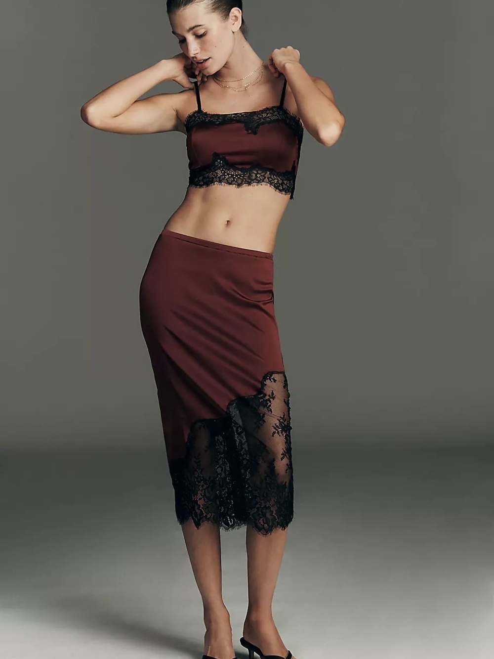 Anthropologie LyreBird Satin Lace Slip Skirt Burgundy with Black Lace